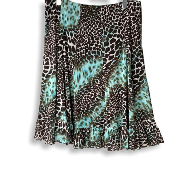 JOSEPH RIBKOFF Turquoise with Dark Brown Leopard Print Ruffle Hem Skirt Sz 16 - Picture 1 of 5